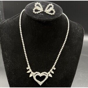 Vtg Jay Flex Necklace Screw Bk Earrings Heart Set 925 Sterling Silver Rhinestone